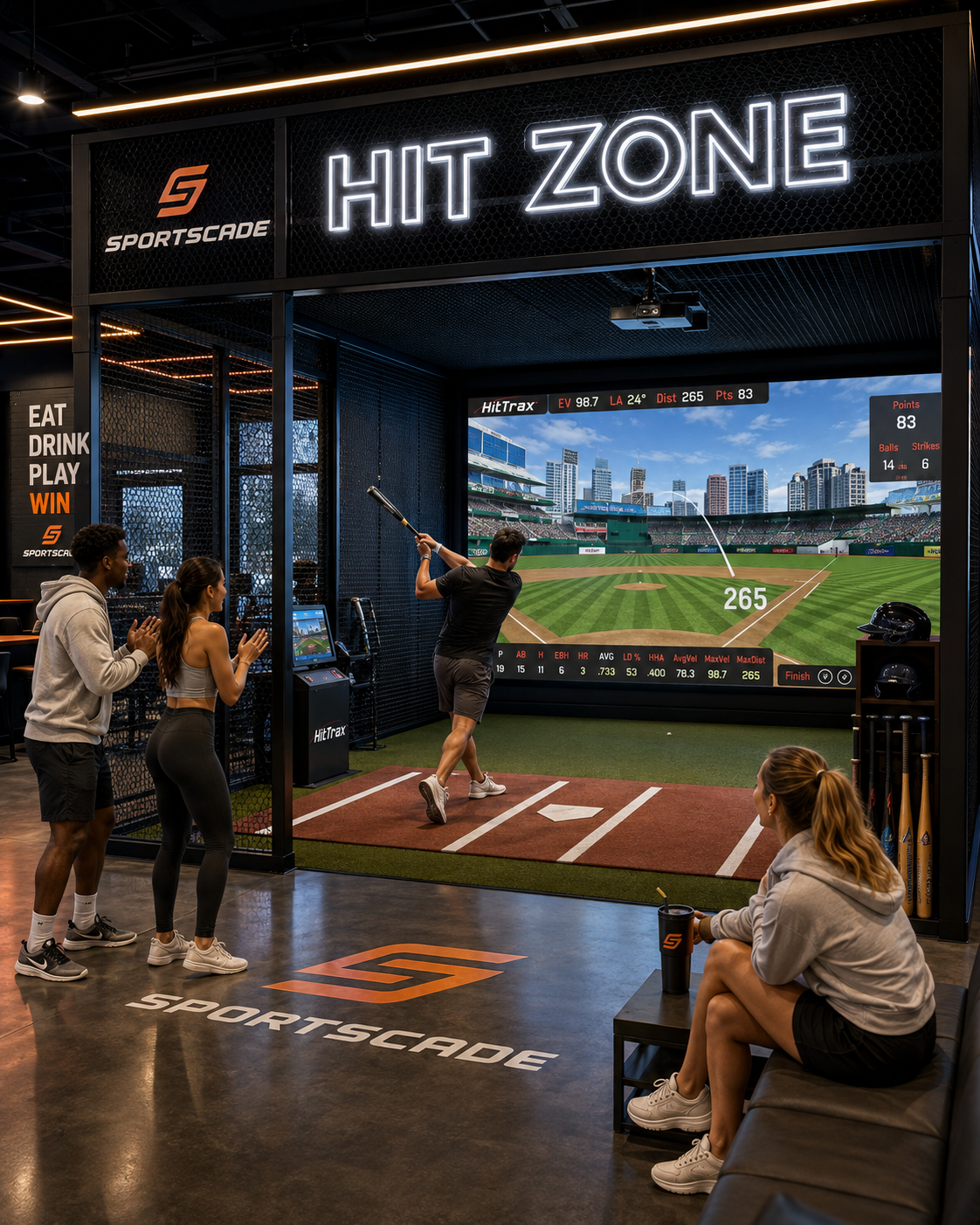 Friends cheer as a guest swings in Sportscade's HitTrax-powered Hit Zone.