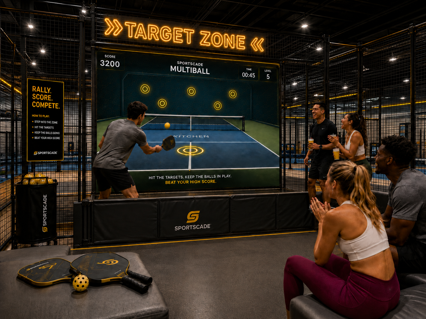 Sportscade Target Zone featuring an interactive racket-sport court with digital targets and MultiBall gameplay.